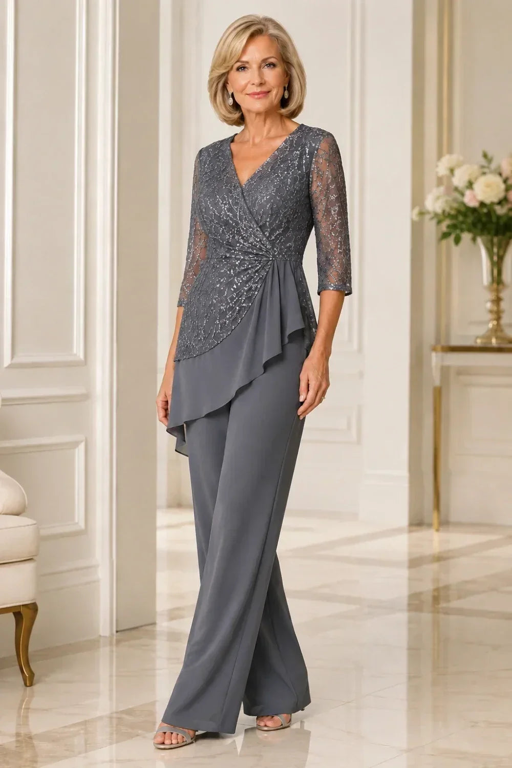 Velinda | Lace Pants Set with Sheer Sleeves
