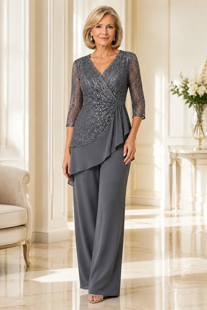 Velinda | Lace Pants Set with Sheer Sleeves