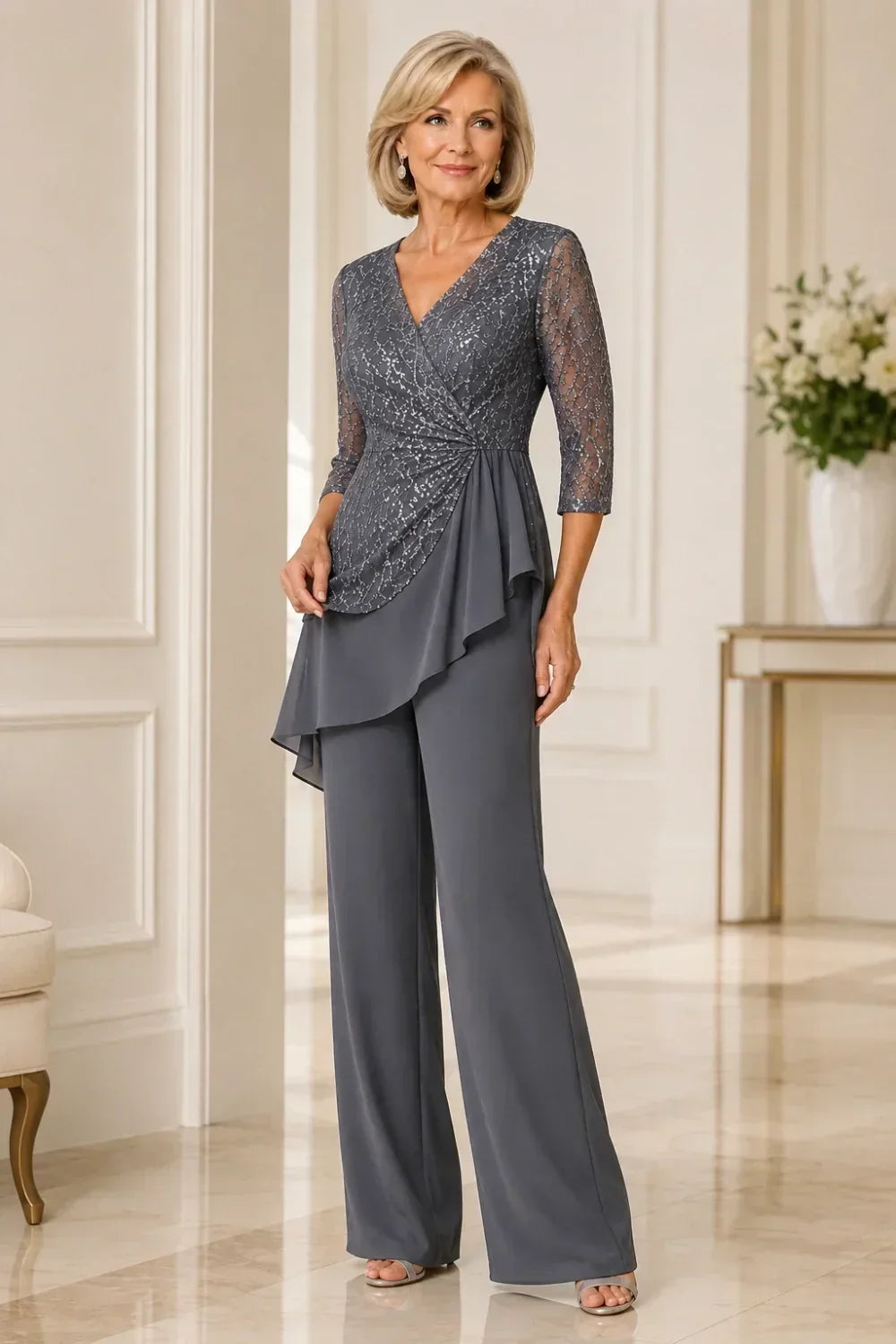 Velinda | Lace Pants Set with Sheer Sleeves
