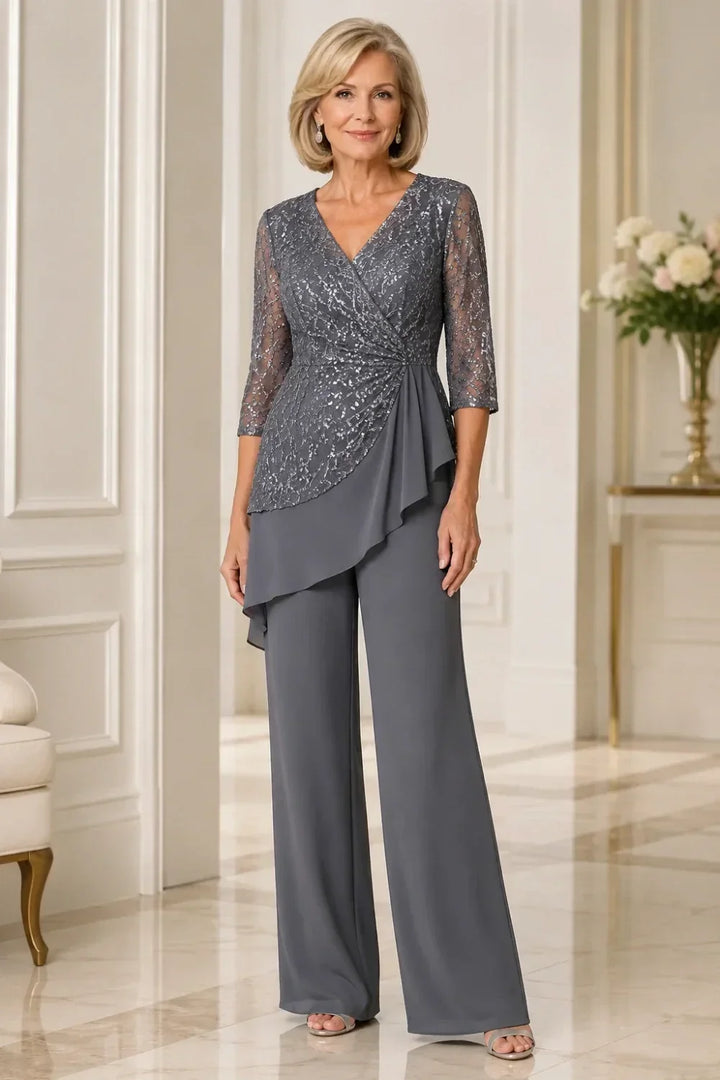 Velinda | Lace Pants Set with Sheer Sleeves