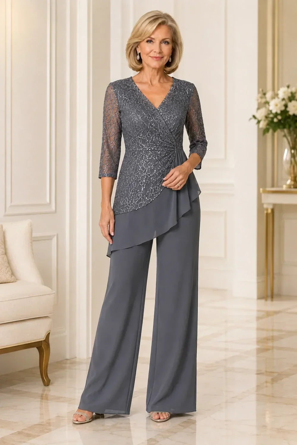 Velinda | Lace Pants Set with Sheer Sleeves