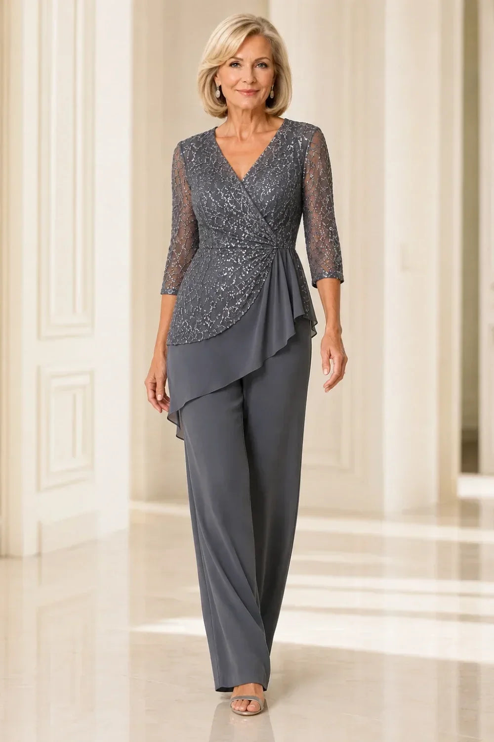 Velinda | Lace Pants Set with Sheer Sleeves