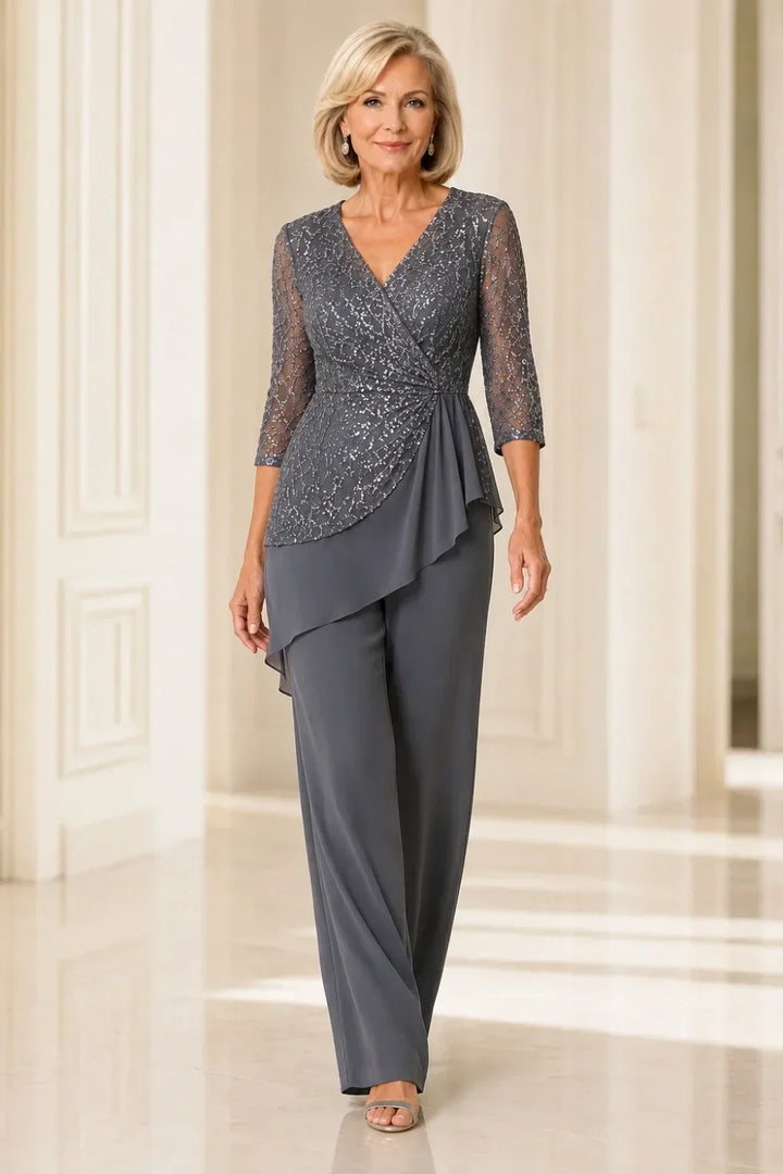 Velinda | Lace Pants Set with Sheer Sleeves