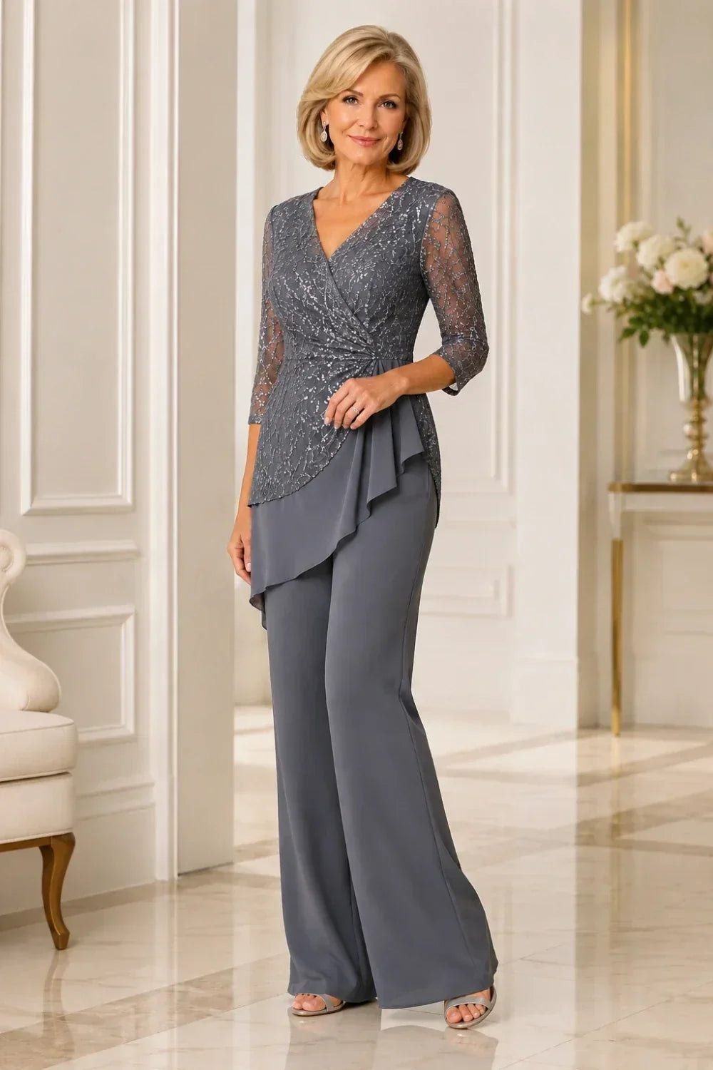 Velinda | Lace Pants Set with Sheer Sleeves