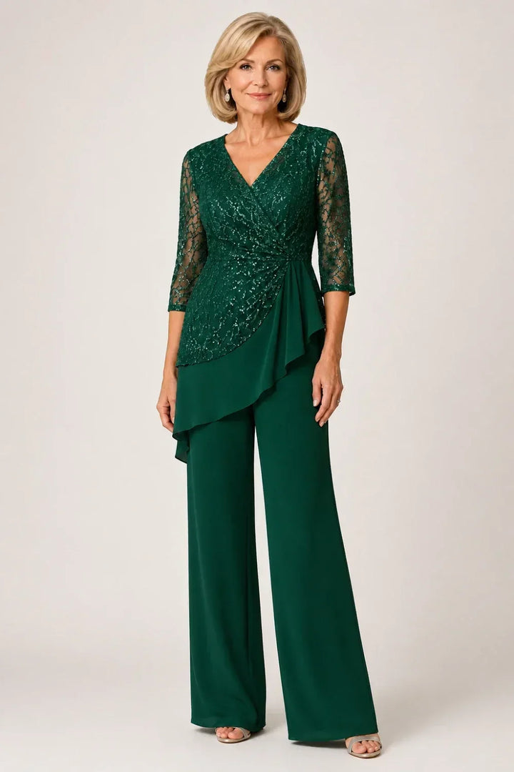 Velinda | Lace Pants Set with Sheer Sleeves
