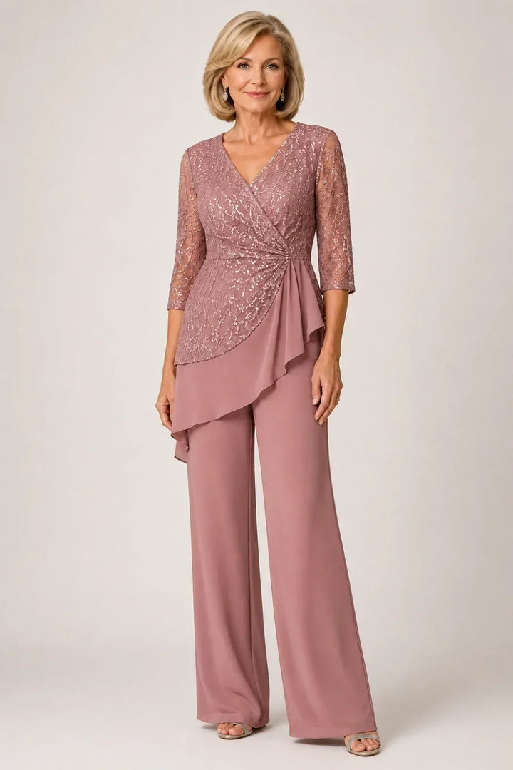 Velinda | Lace Pants Set with Sheer Sleeves
