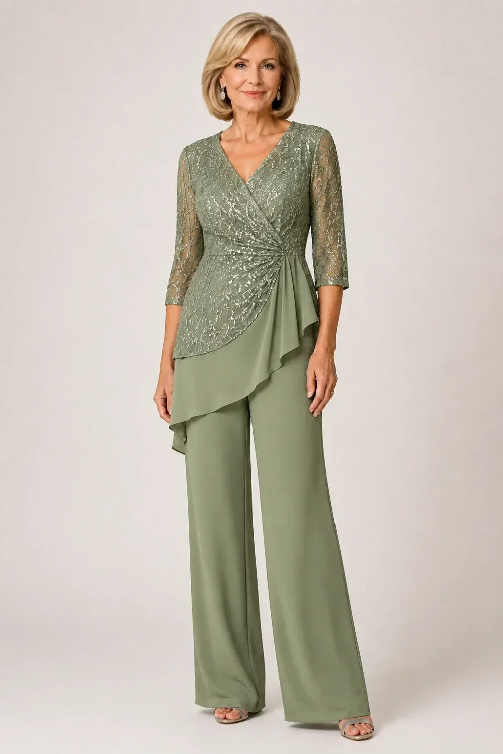 Velinda | Lace Pants Set with Sheer Sleeves