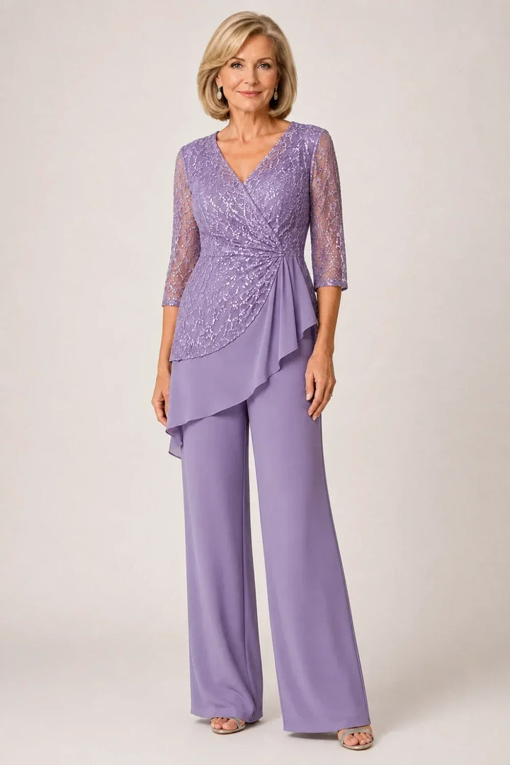 Velinda | Lace Pants Set with Sheer Sleeves