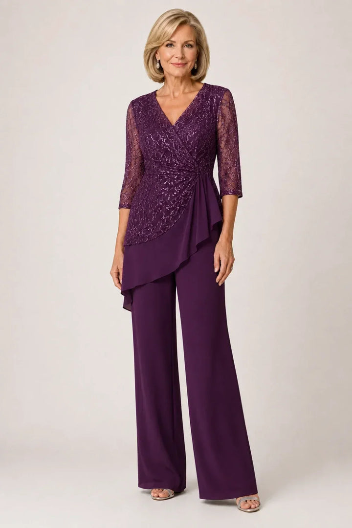 Velinda | Lace Pants Set with Sheer Sleeves