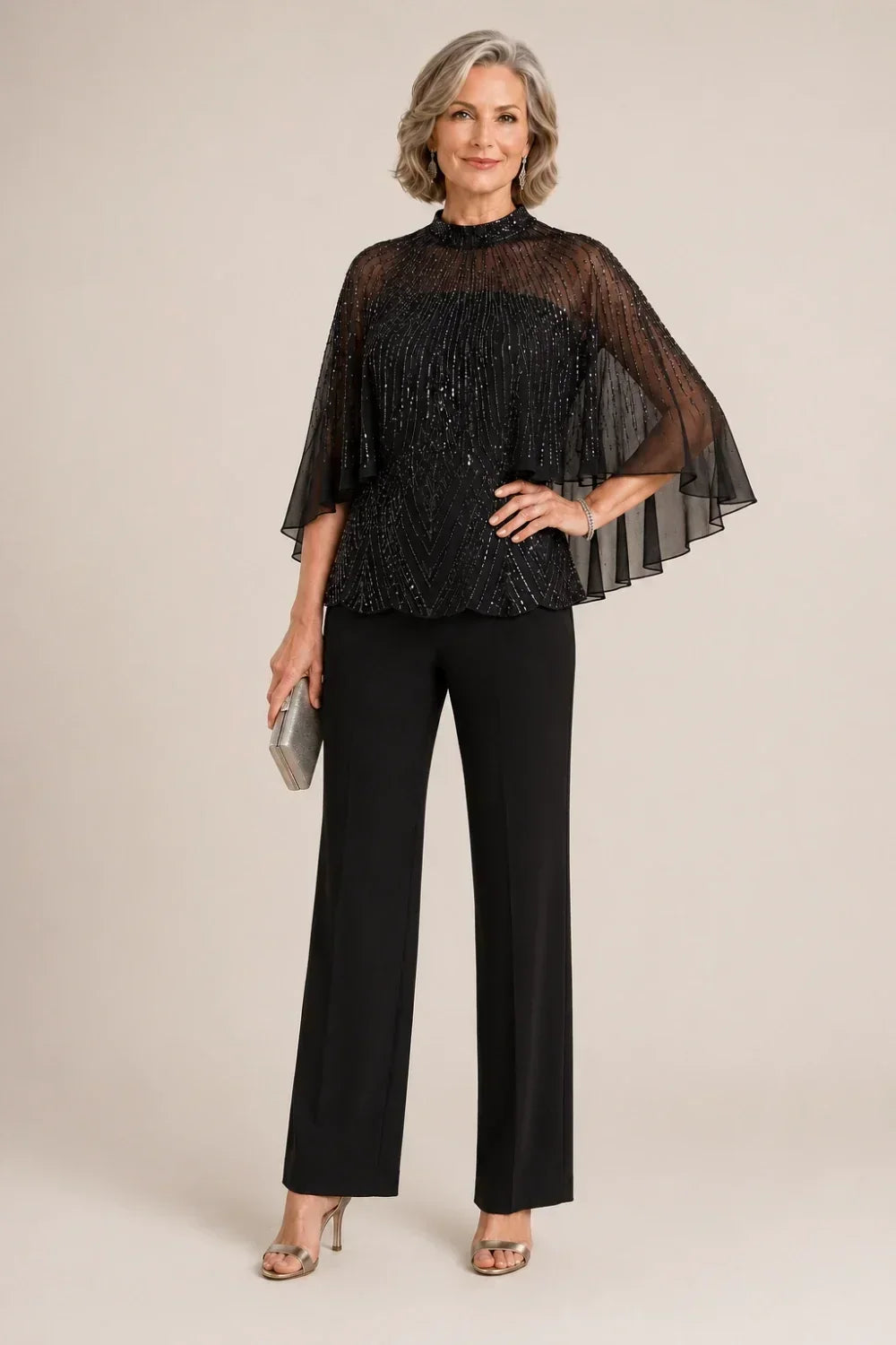 Paillettina | Sequin Top and Mesh Capelet Pants Set