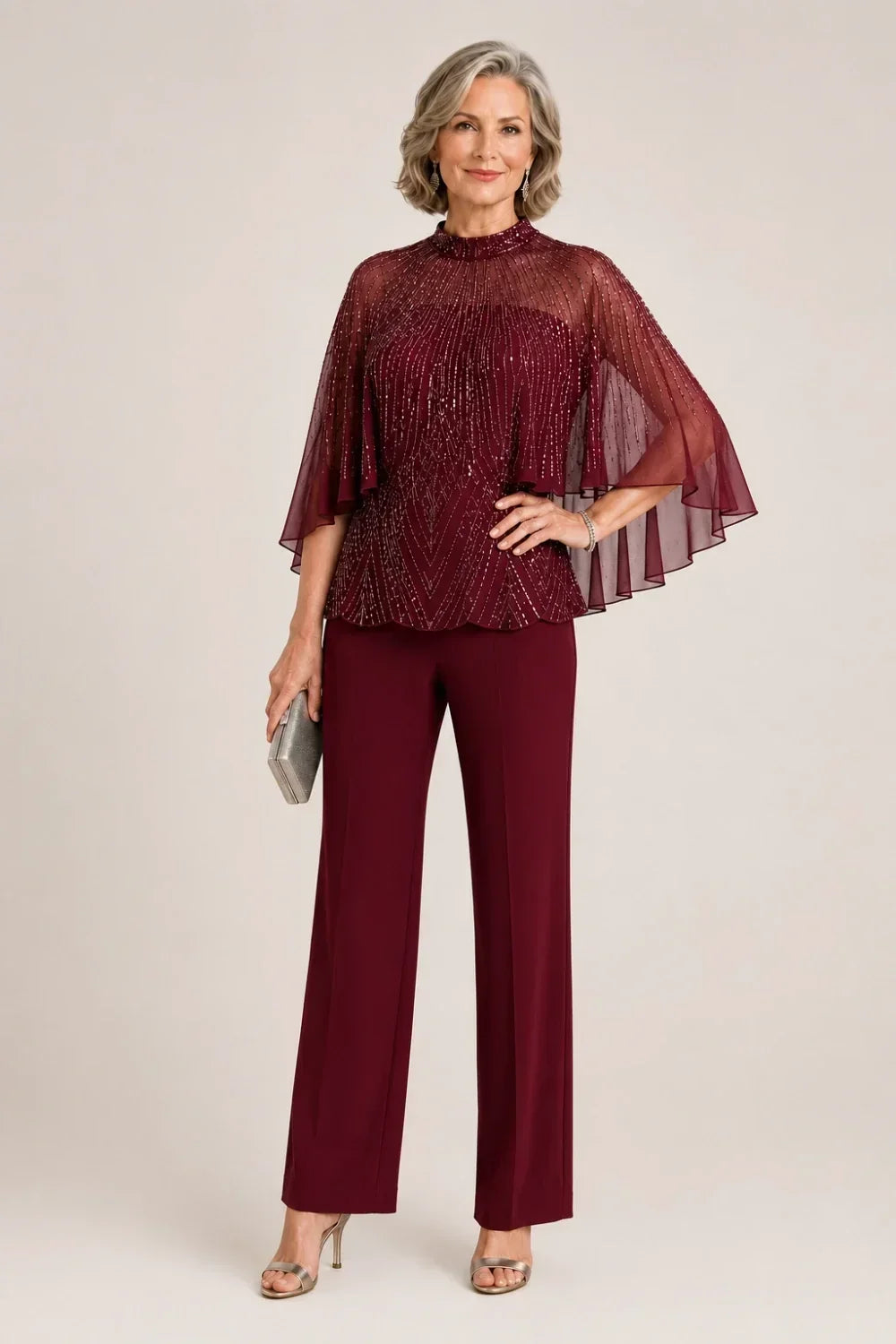 Paillettina | Sequin Top and Mesh Capelet Pants Set