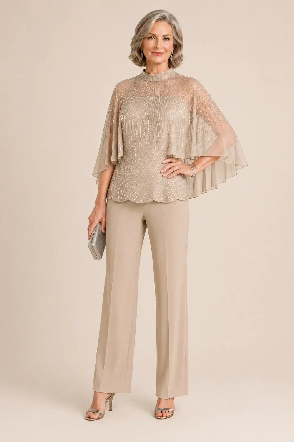 Paillettina | Sequin Top and Mesh Capelet Pants Set