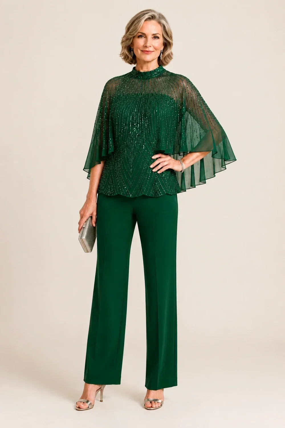 Paillettina | Sequin Top and Mesh Capelet Pants Set