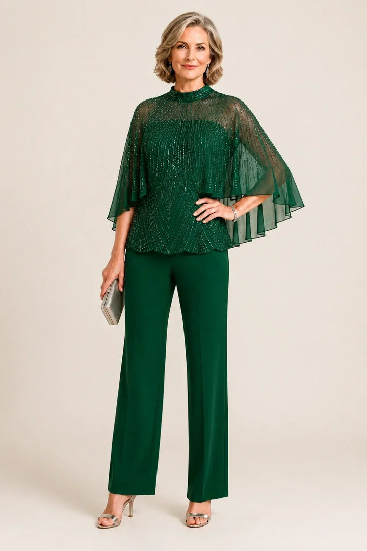 Paillettina | Sequin Top and Mesh Capelet Pants Set