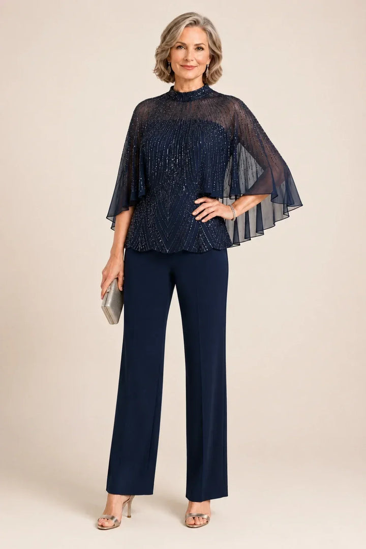 Paillettina | Sequin Top and Mesh Capelet Pants Set