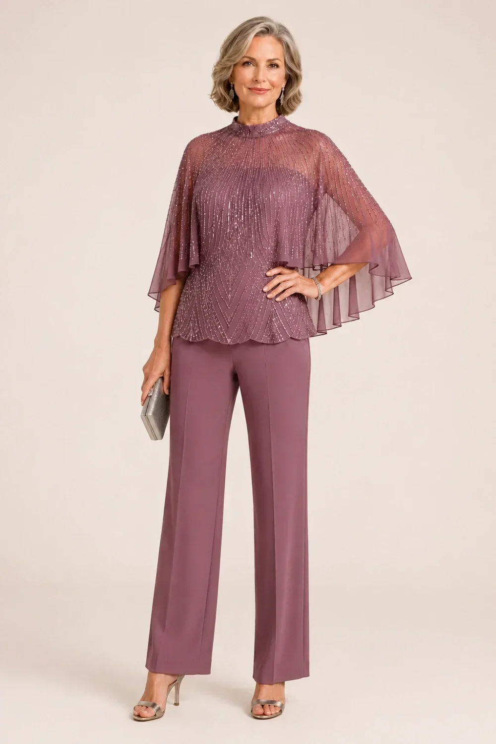 Paillettina | Sequin Top and Mesh Capelet Pants Set