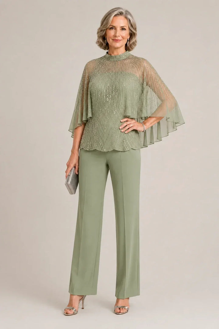 Paillettina | Sequin Top and Mesh Capelet Pants Set