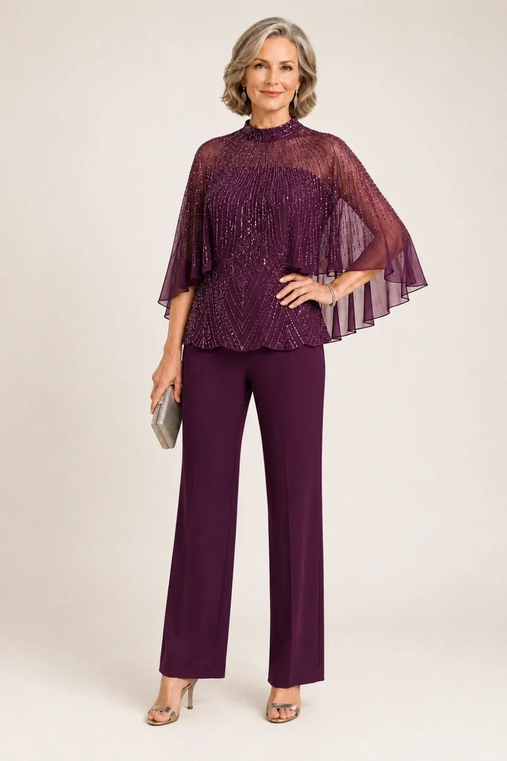 Paillettina | Sequin Top and Mesh Capelet Pants Set