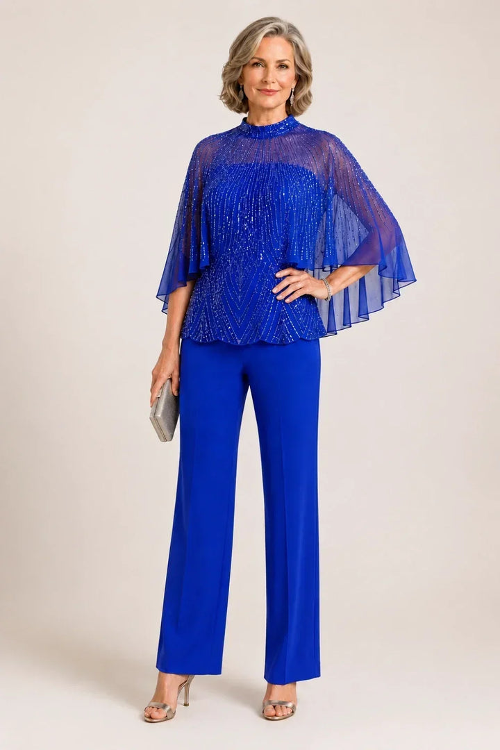 Paillettina | Sequin Top and Mesh Capelet Pants Set