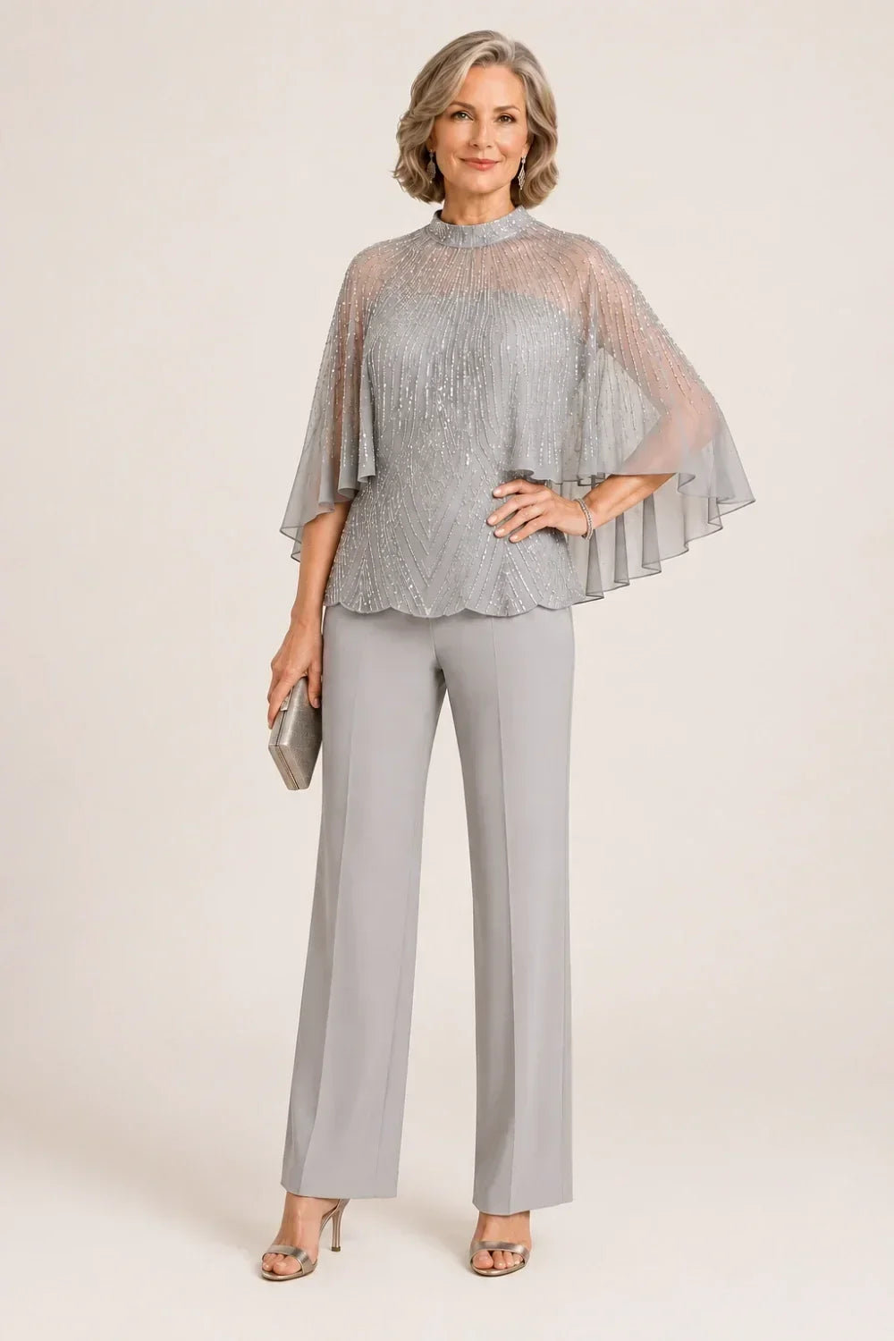 Paillettina | Sequin Top and Mesh Capelet Pants Set