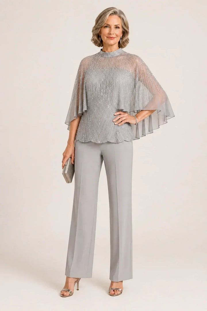 Paillettina | Sequin Top and Mesh Capelet Pants Set