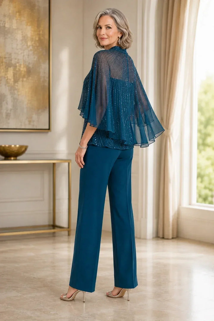 Paillettina | Sequin Top and Mesh Capelet Pants Set