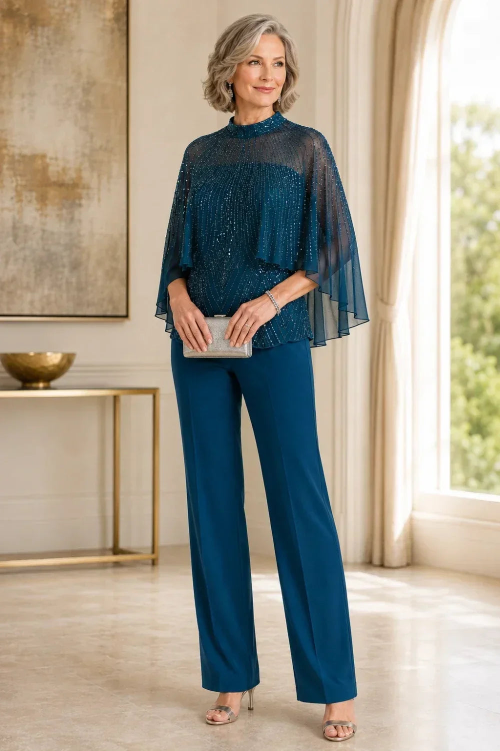 Paillettina | Sequin Top and Mesh Capelet Pants Set