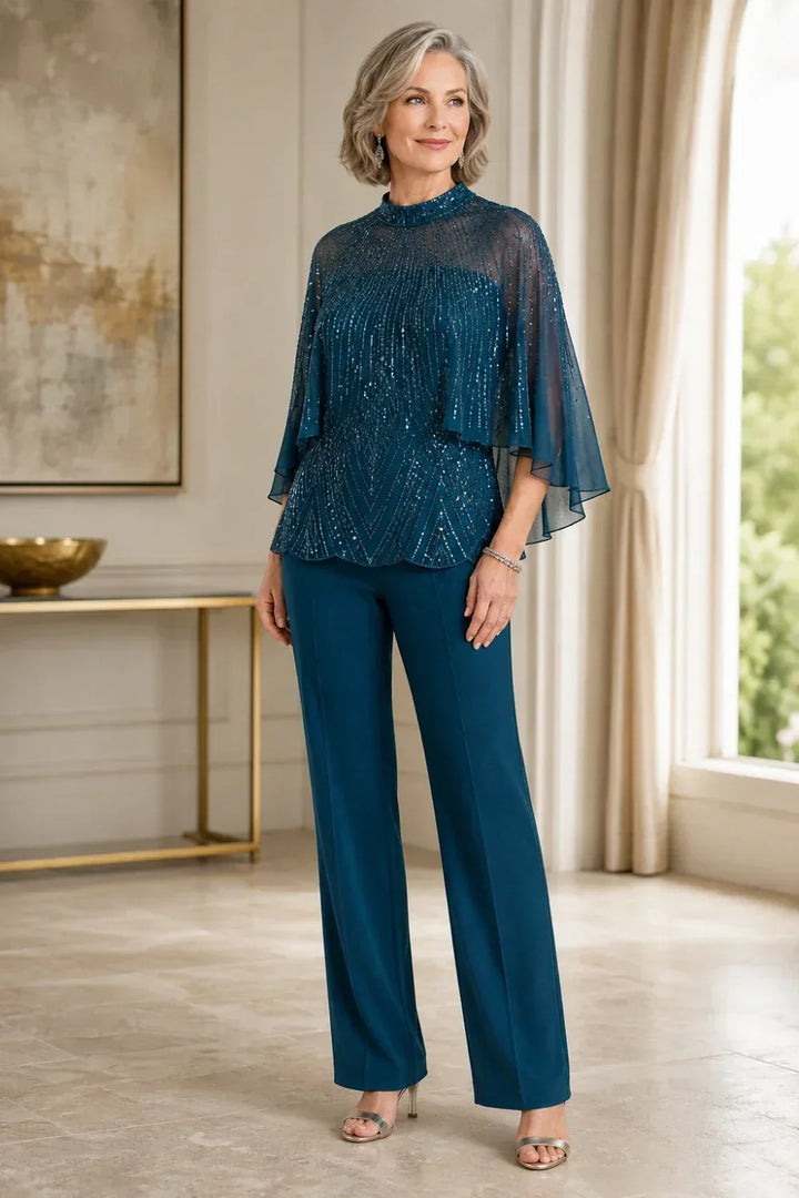 Paillettina | Sequin Top and Mesh Capelet Pants Set