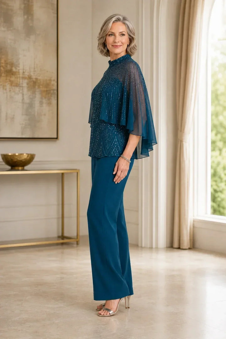 Paillettina | Sequin Top and Mesh Capelet Pants Set