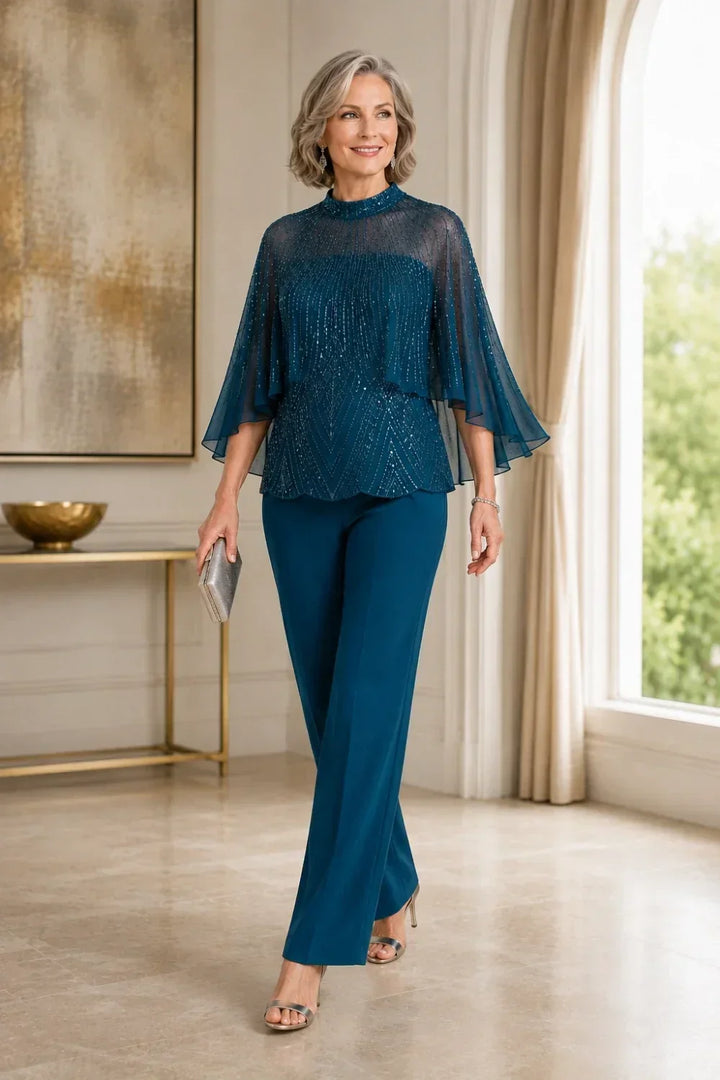 Paillettina | Sequin Top and Mesh Capelet Pants Set