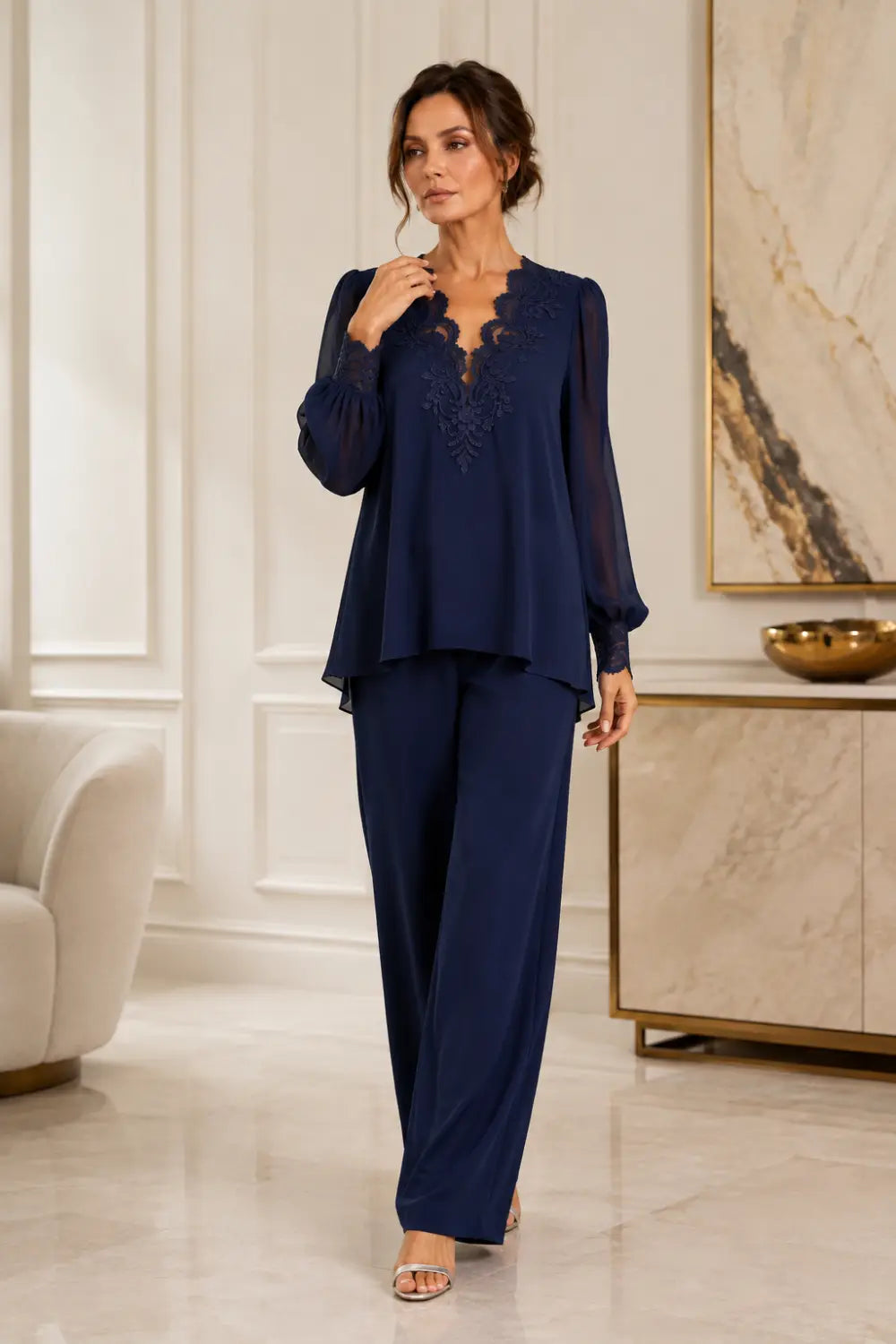 Silvana | V-Neck Chiffon Pants Set