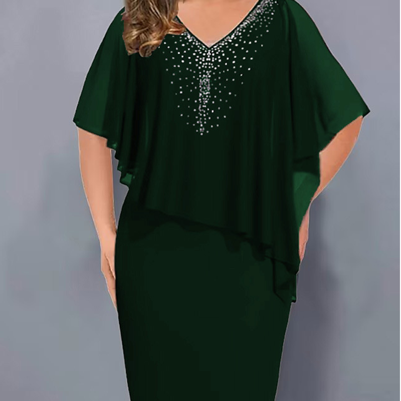 Rhinestone V-Neck Cape Dress with Chiffon Overlay