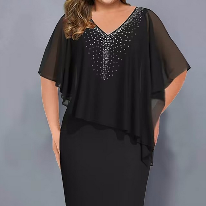 Rhe | Rhinestone V-Neck Cape Dress
