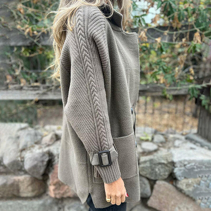 Aurelie | Knit Sleeve Double-Breasted Longline Coat