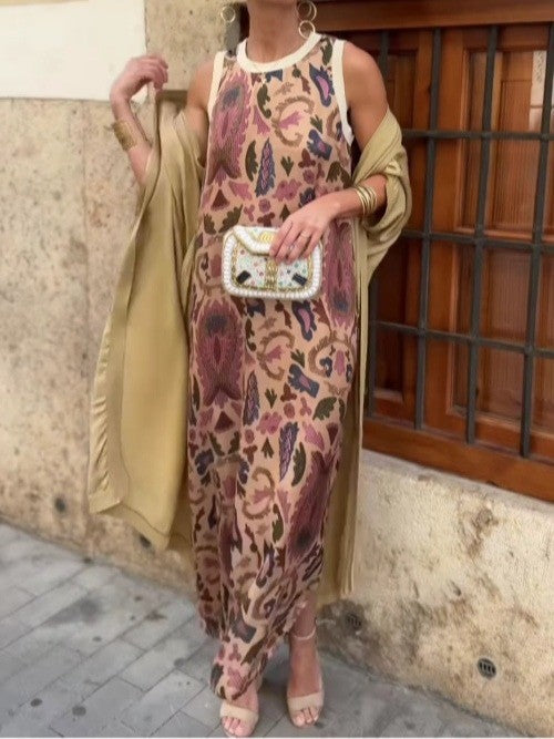 Elegant printed two-piece dress with cape